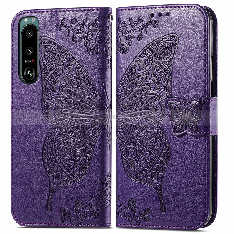 Coque Portefeuille Papillon Livre Cuir Etui Clapet pour Sony Xperia 5 IV Violet Plus