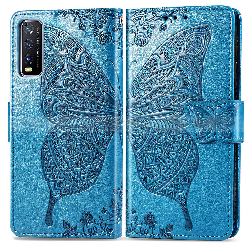 Coque Portefeuille Papillon Livre Cuir Etui Clapet pour Vivo Y12s Bleu Plus