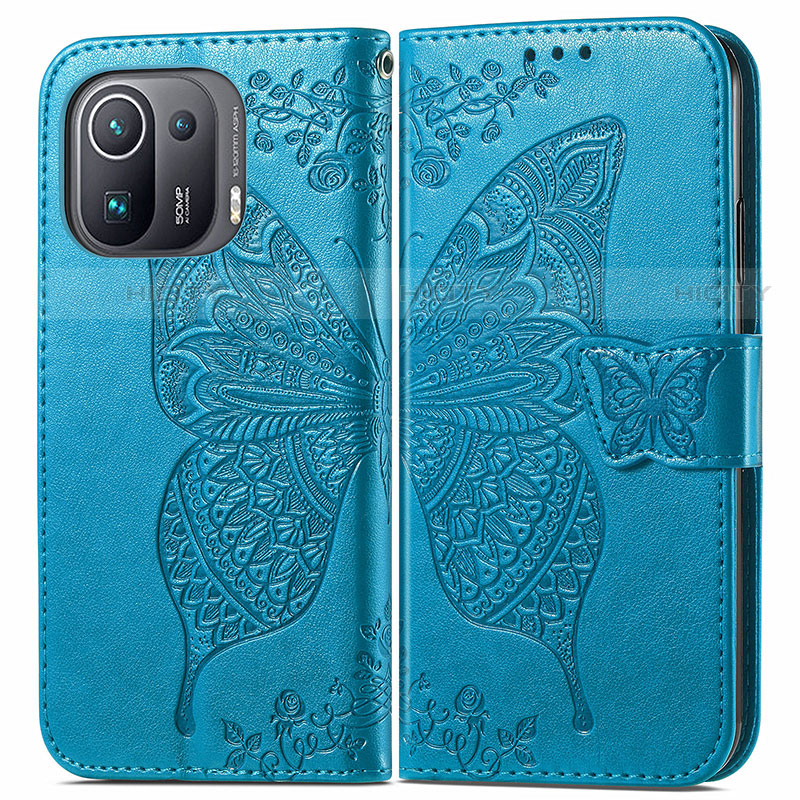 Coque Portefeuille Papillon Livre Cuir Etui Clapet pour Xiaomi Mi 11 Pro 5G Bleu Plus