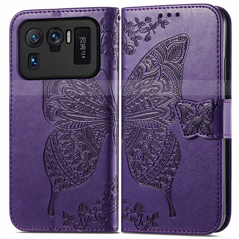 Coque Portefeuille Papillon Livre Cuir Etui Clapet pour Xiaomi Mi 11 Ultra 5G Violet Plus