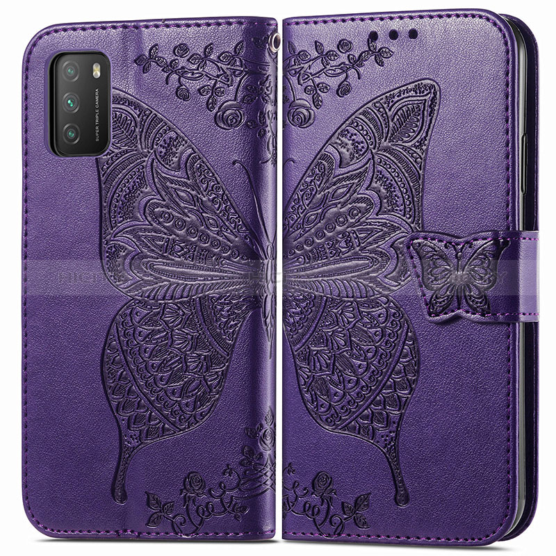 Coque Portefeuille Papillon Livre Cuir Etui Clapet pour Xiaomi Poco M3 Violet Plus