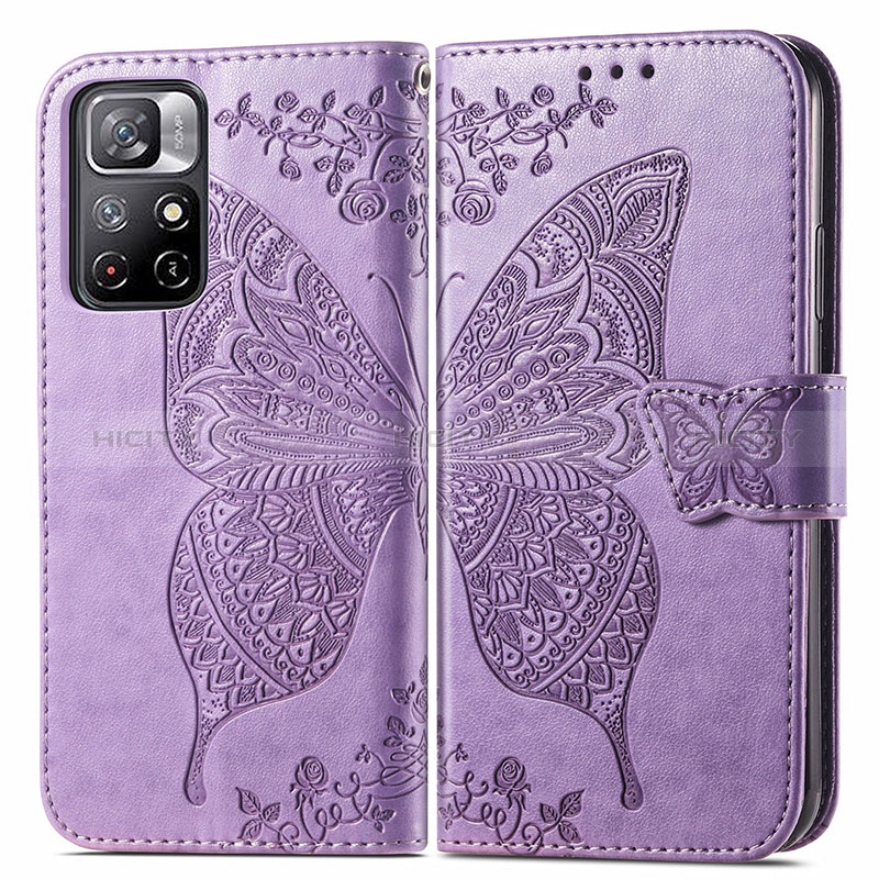 Coque Portefeuille Papillon Livre Cuir Etui Clapet pour Xiaomi Redmi Note 11 5G Violet Clair Plus