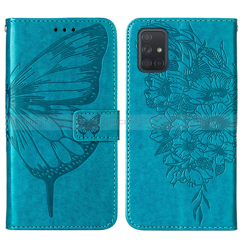 Coque Portefeuille Papillon Livre Cuir Etui Clapet Y01B pour Samsung Galaxy A71 5G Bleu Plus