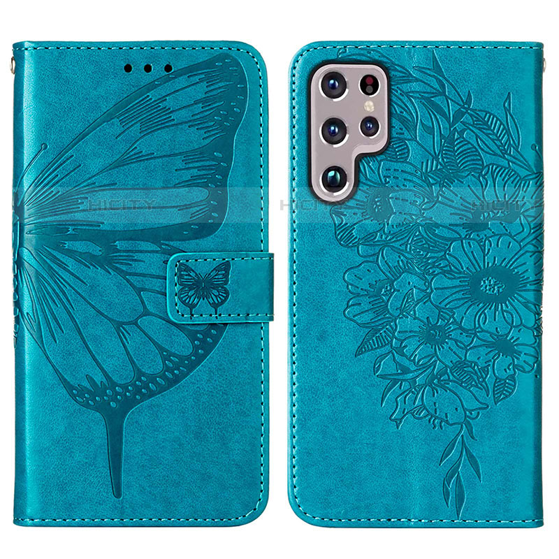 Coque Portefeuille Papillon Livre Cuir Etui Clapet Y06B pour Samsung Galaxy S23 Ultra 5G Bleu Plus