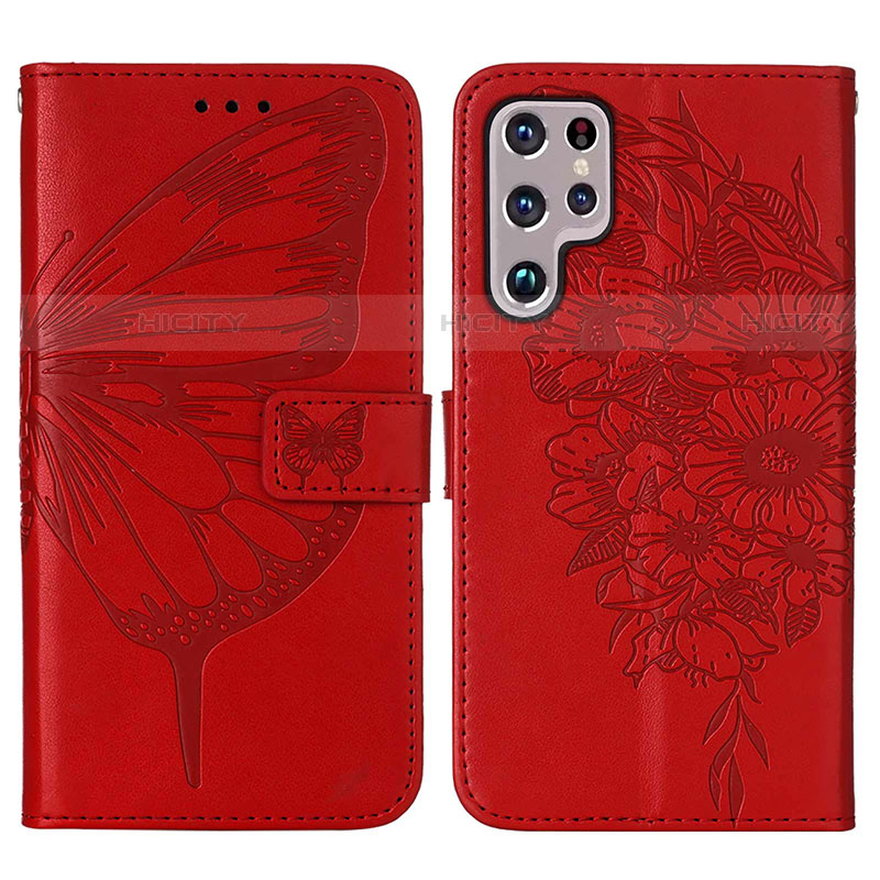 Coque Portefeuille Papillon Livre Cuir Etui Clapet Y06B pour Samsung Galaxy S23 Ultra 5G Rouge Plus