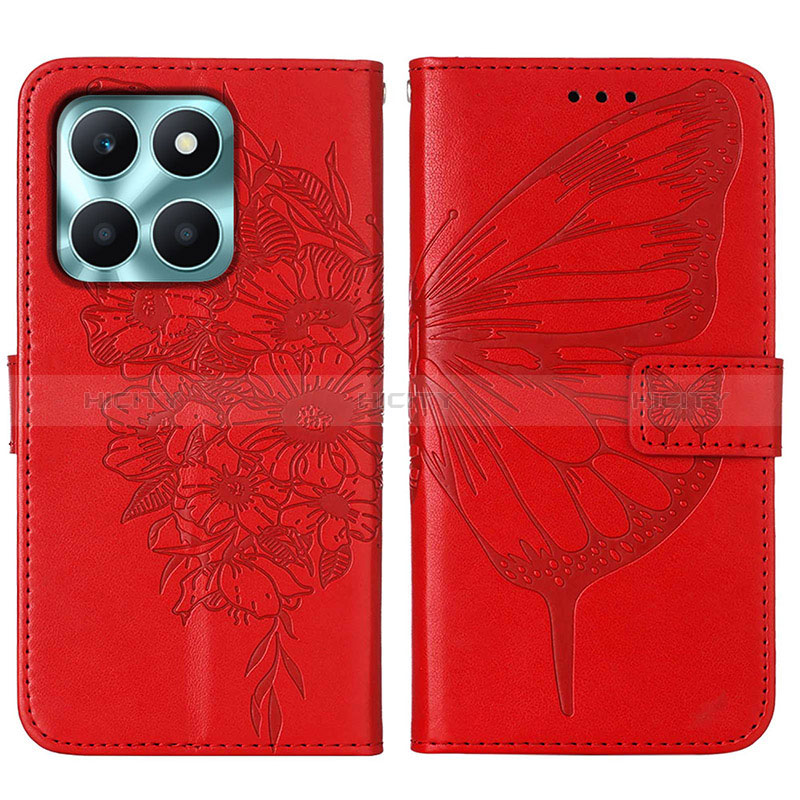 Coque Portefeuille Papillon Livre Cuir Etui Clapet YB1 pour Huawei Honor X6a Rouge Plus