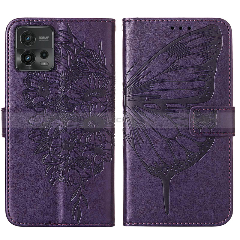 Coque Portefeuille Papillon Livre Cuir Etui Clapet YB1 pour Motorola Moto G72 Violet Plus