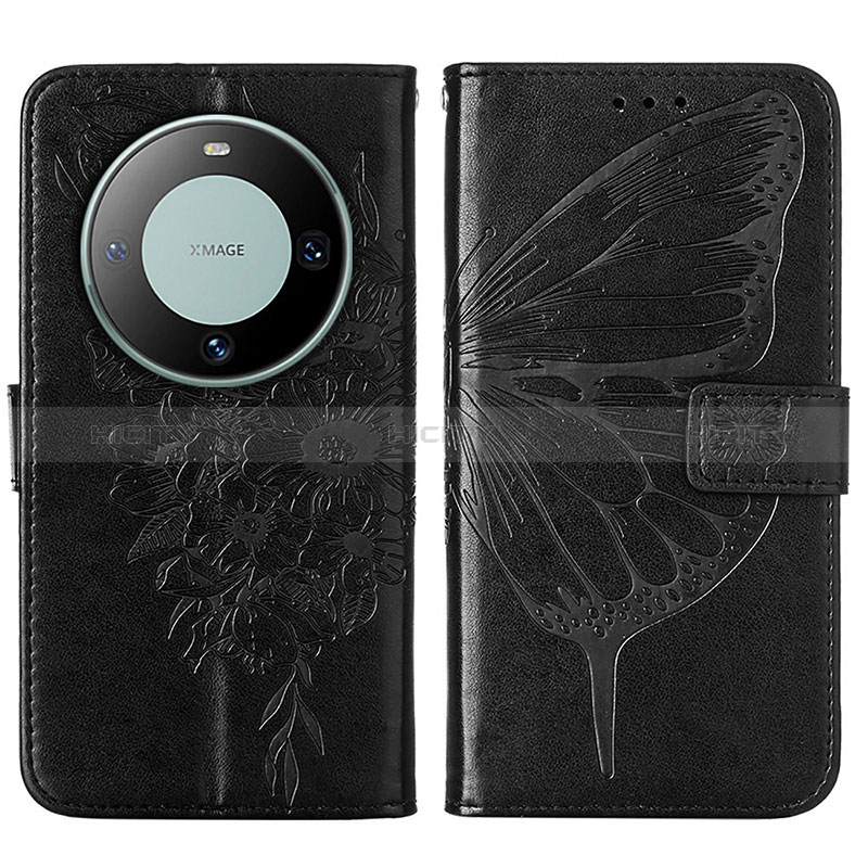 Coque Portefeuille Papillon Livre Cuir Etui Clapet YB2 pour Huawei Mate 60 Noir Plus