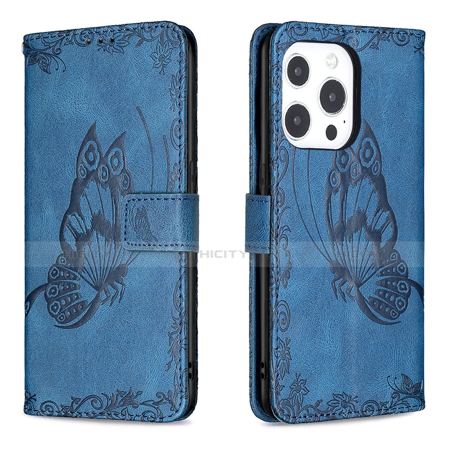 Coque Portefeuille Papillon Livre Cuir Etui Clapet Z01 pour Apple iPhone 15 Pro Bleu Plus