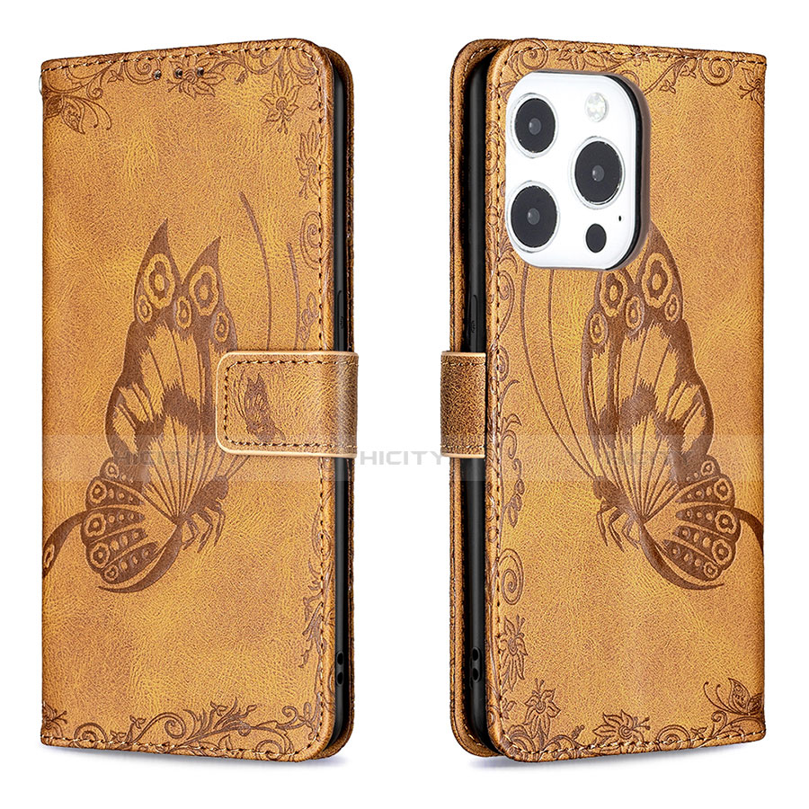 Coque Portefeuille Papillon Livre Cuir Etui Clapet Z01 pour Apple iPhone 15 Pro Marron Plus