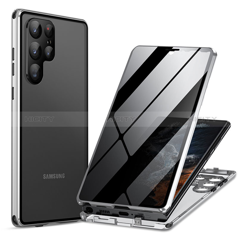 Coque Rebord Bumper Luxe Aluminum Metal Miroir 360 Degres Housse Etui Aimant LK1 pour Samsung Galaxy S22 Ultra 5G Argent Plus