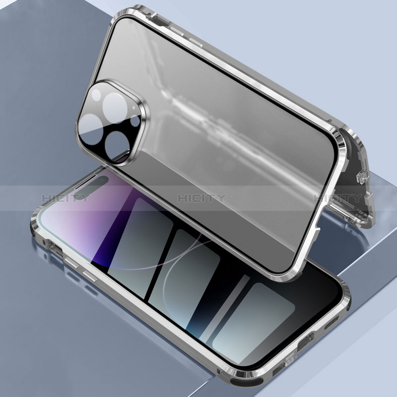 Coque Rebord Bumper Luxe Aluminum Metal Miroir 360 Degres Housse Etui Aimant LK3 pour Apple iPhone 14 Pro Argent Plus