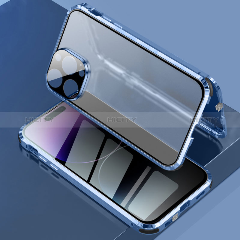 Coque Rebord Bumper Luxe Aluminum Metal Miroir 360 Degres Housse Etui Aimant LK3 pour Apple iPhone 14 Pro Bleu Plus