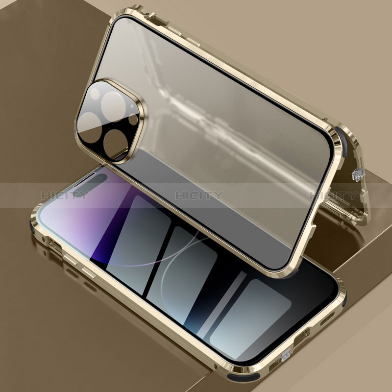 Coque Rebord Bumper Luxe Aluminum Metal Miroir 360 Degres Housse Etui Aimant LK3 pour Apple iPhone 14 Pro Or Plus