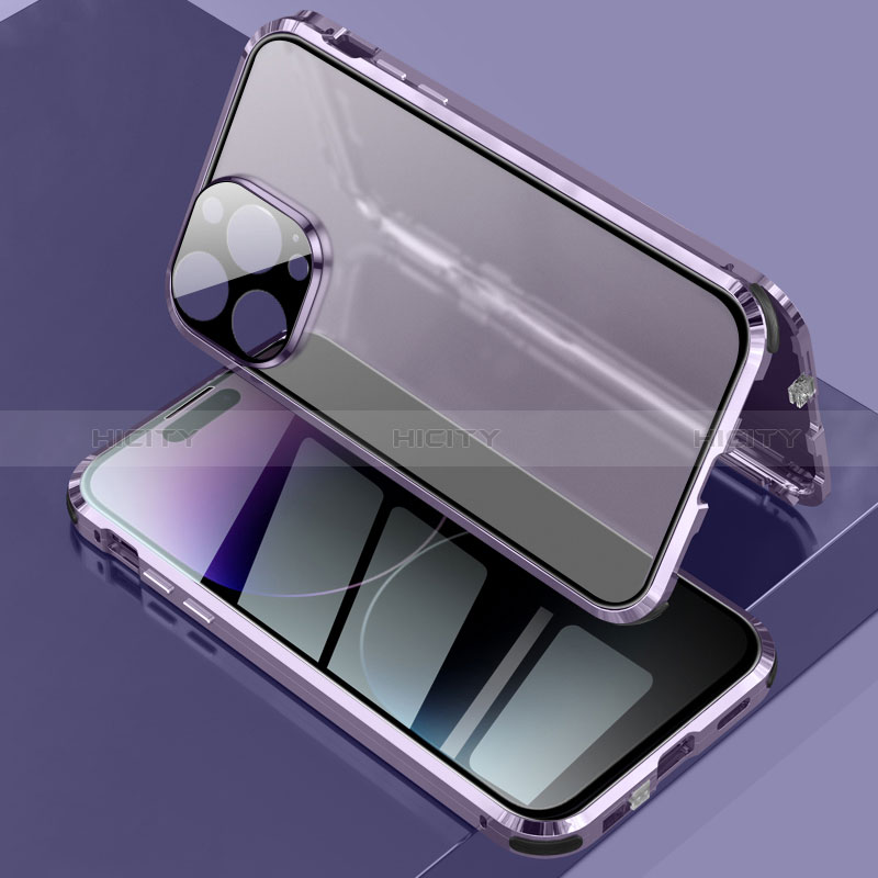 Coque Rebord Bumper Luxe Aluminum Metal Miroir 360 Degres Housse Etui Aimant LK3 pour Apple iPhone 14 Pro Violet Plus