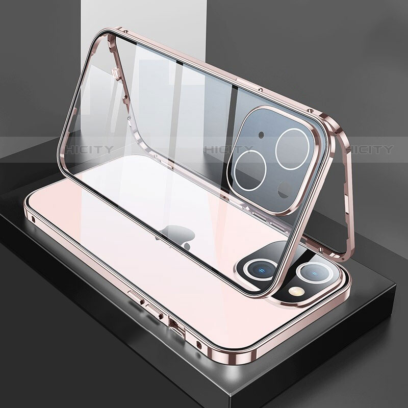 Coque Rebord Bumper Luxe Aluminum Metal Miroir 360 Degres Housse Etui Aimant M01 pour Apple iPhone 13 Or Rose Plus