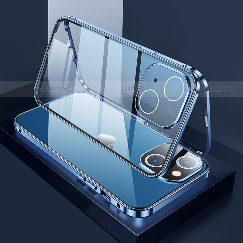 Coque Rebord Bumper Luxe Aluminum Metal Miroir 360 Degres Housse Etui Aimant M01 pour Apple iPhone 14 Plus Bleu Plus