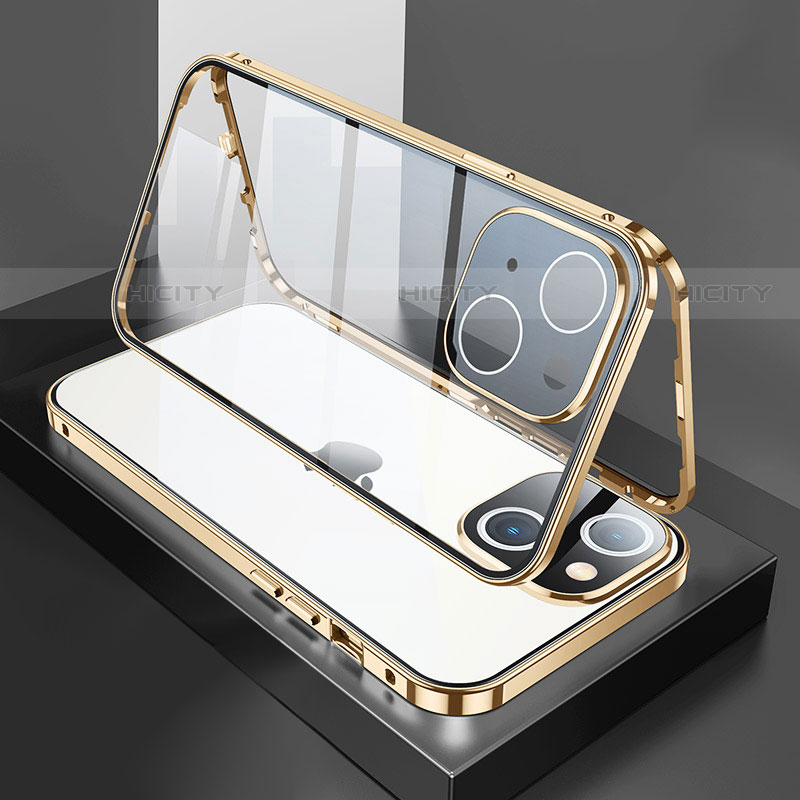 Coque Rebord Bumper Luxe Aluminum Metal Miroir 360 Degres Housse Etui Aimant M01 pour Apple iPhone 14 Plus Or Plus