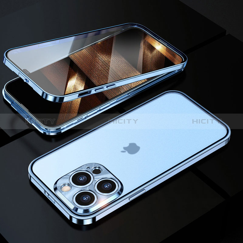 Coque Rebord Bumper Luxe Aluminum Metal Miroir 360 Degres Housse Etui Aimant M01 pour Apple iPhone 14 Pro Bleu Plus