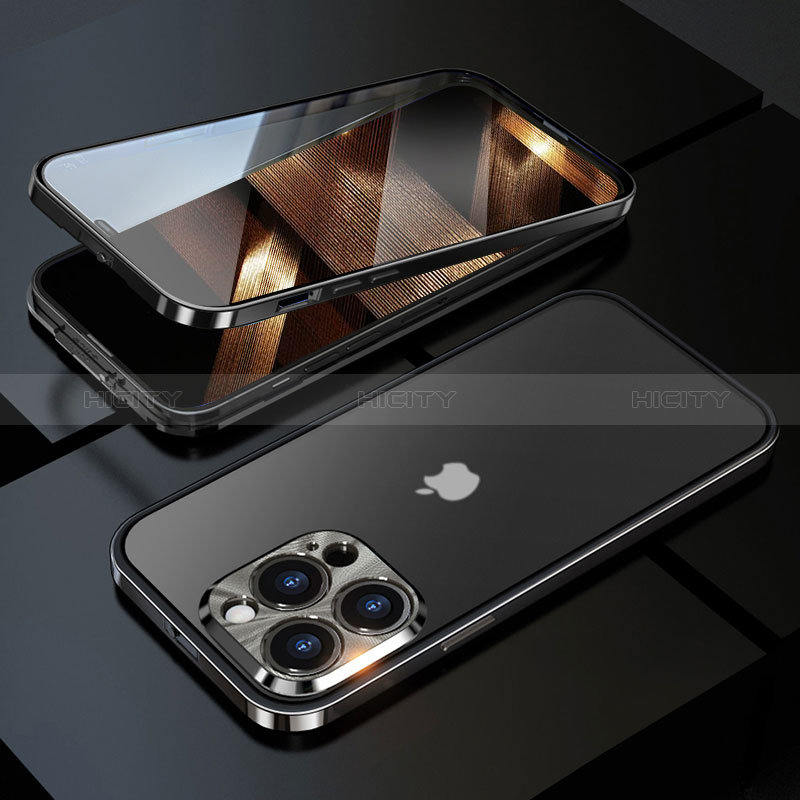 Coque Rebord Bumper Luxe Aluminum Metal Miroir 360 Degres Housse Etui Aimant M01 pour Apple iPhone 14 Pro Noir Plus