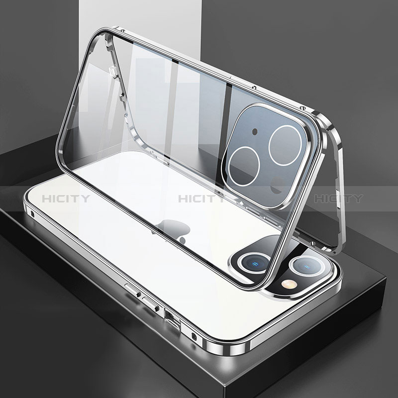Coque Rebord Bumper Luxe Aluminum Metal Miroir 360 Degres Housse Etui Aimant M01 pour Apple iPhone 15 Plus Argent Plus
