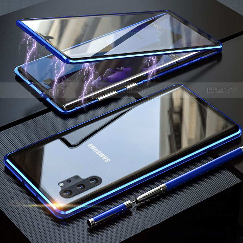Coque Rebord Bumper Luxe Aluminum Metal Miroir 360 Degres Housse Etui Aimant M01 pour Samsung Galaxy Note 10 Plus Bleu Plus