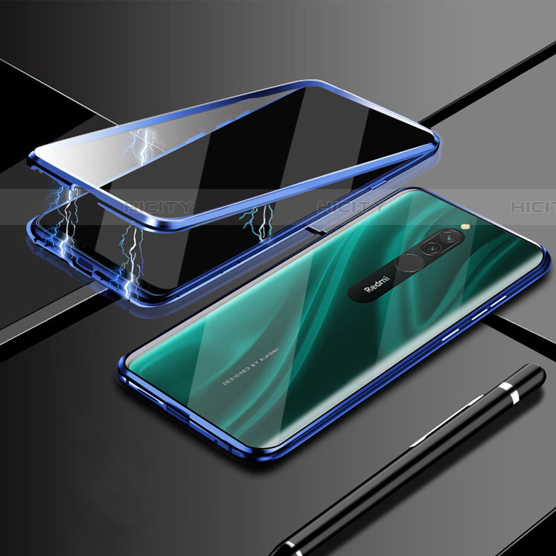 Coque Rebord Bumper Luxe Aluminum Metal Miroir 360 Degres Housse Etui Aimant M01 pour Xiaomi Redmi 8 Bleu Plus