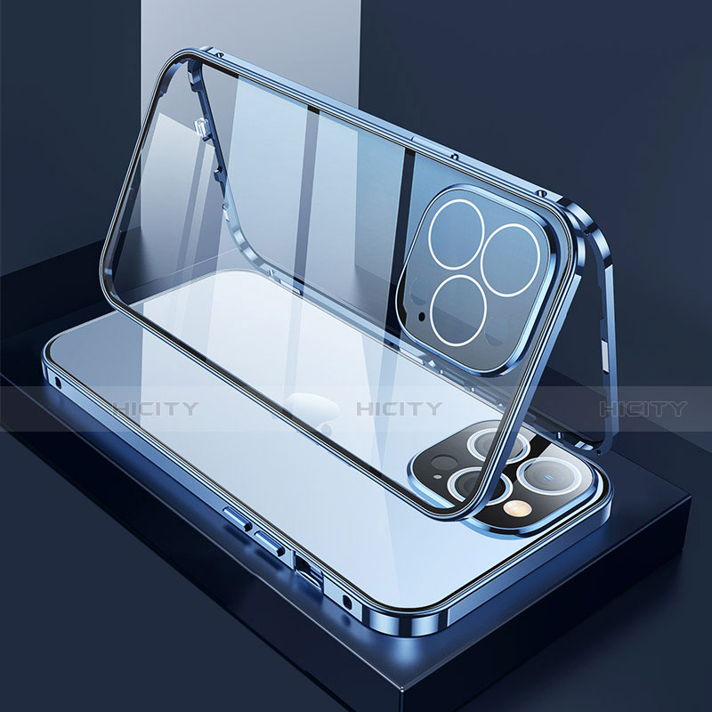 Coque Rebord Bumper Luxe Aluminum Metal Miroir 360 Degres Housse Etui Aimant M02 pour Apple iPhone 13 Pro Max Bleu Plus