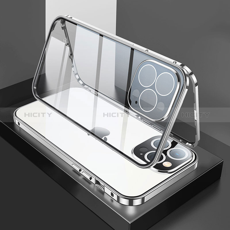 Coque Rebord Bumper Luxe Aluminum Metal Miroir 360 Degres Housse Etui Aimant M02 pour Apple iPhone 14 Pro Max Argent Plus