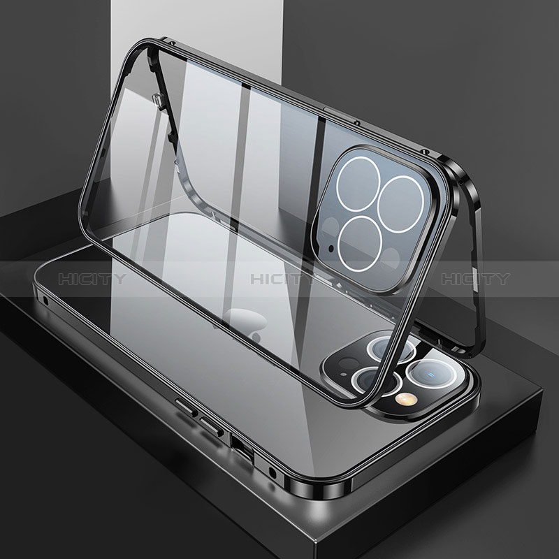 Coque Rebord Bumper Luxe Aluminum Metal Miroir 360 Degres Housse Etui Aimant M02 pour Apple iPhone 14 Pro Max Noir Plus