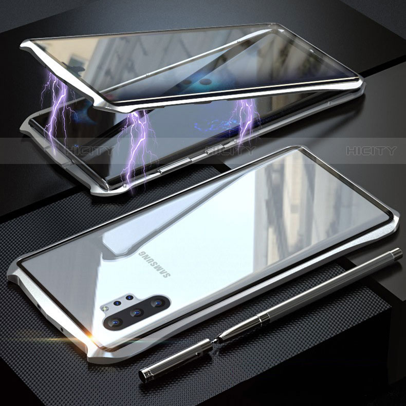Coque Rebord Bumper Luxe Aluminum Metal Miroir 360 Degres Housse Etui Aimant M02 pour Samsung Galaxy Note 10 Plus 5G Argent Plus
