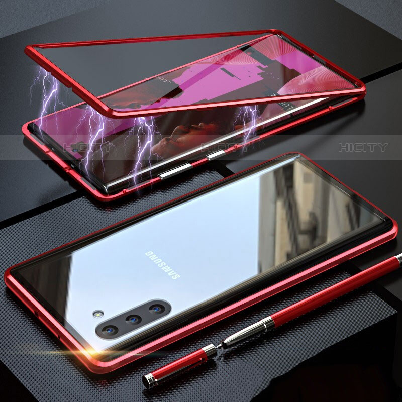 Coque Rebord Bumper Luxe Aluminum Metal Miroir 360 Degres Housse Etui Aimant M02 pour Samsung Galaxy Note 10 Rouge Plus