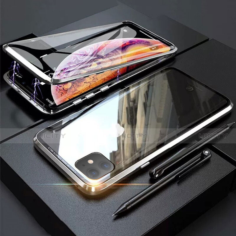 Coque Rebord Bumper Luxe Aluminum Metal Miroir 360 Degres Housse Etui Aimant M03 pour Apple iPhone 11 Argent Plus