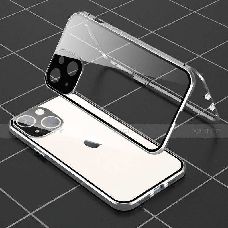 Coque Rebord Bumper Luxe Aluminum Metal Miroir 360 Degres Housse Etui Aimant M04 pour Apple iPhone 14 Argent Plus