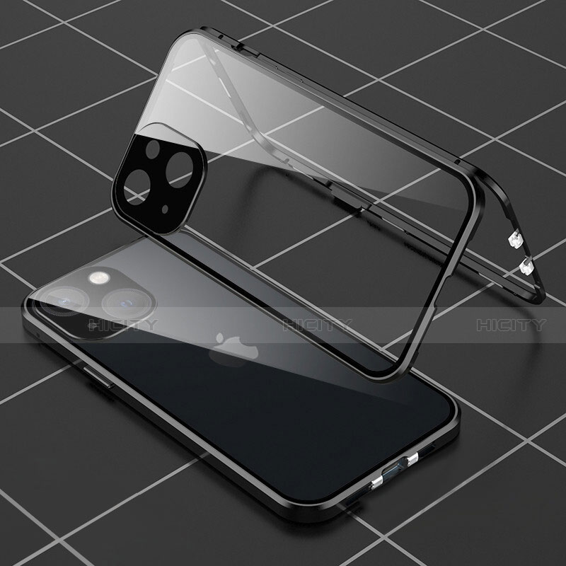 Coque Rebord Bumper Luxe Aluminum Metal Miroir 360 Degres Housse Etui Aimant M04 pour Apple iPhone 14 Noir Plus