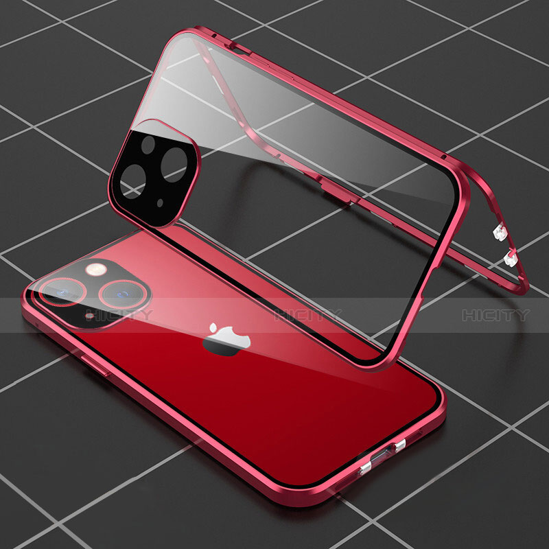 Coque Rebord Bumper Luxe Aluminum Metal Miroir 360 Degres Housse Etui Aimant M04 pour Apple iPhone 14 Rouge Plus