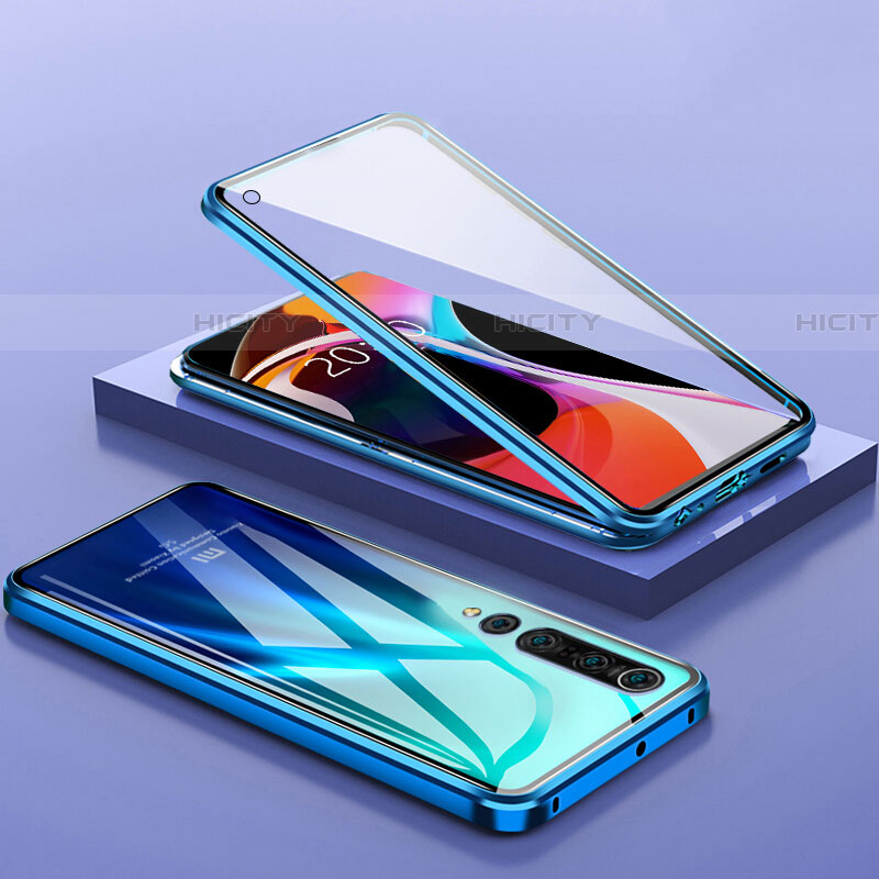 Coque Rebord Bumper Luxe Aluminum Metal Miroir 360 Degres Housse Etui Aimant M04 pour Xiaomi Mi 10 Bleu Plus