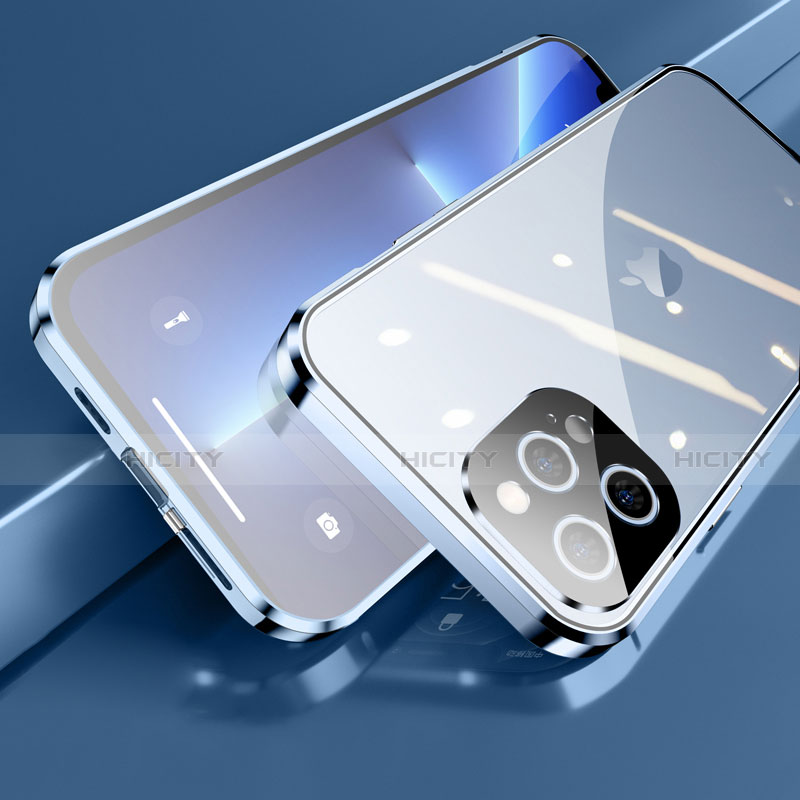 Coque Rebord Bumper Luxe Aluminum Metal Miroir 360 Degres Housse Etui Aimant M05 pour Apple iPhone 13 Pro Max Bleu Plus