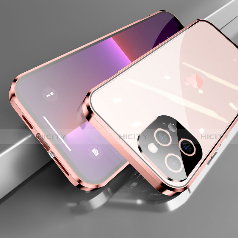Coque Rebord Bumper Luxe Aluminum Metal Miroir 360 Degres Housse Etui Aimant M05 pour Apple iPhone 13 Pro Max Or Rose Plus