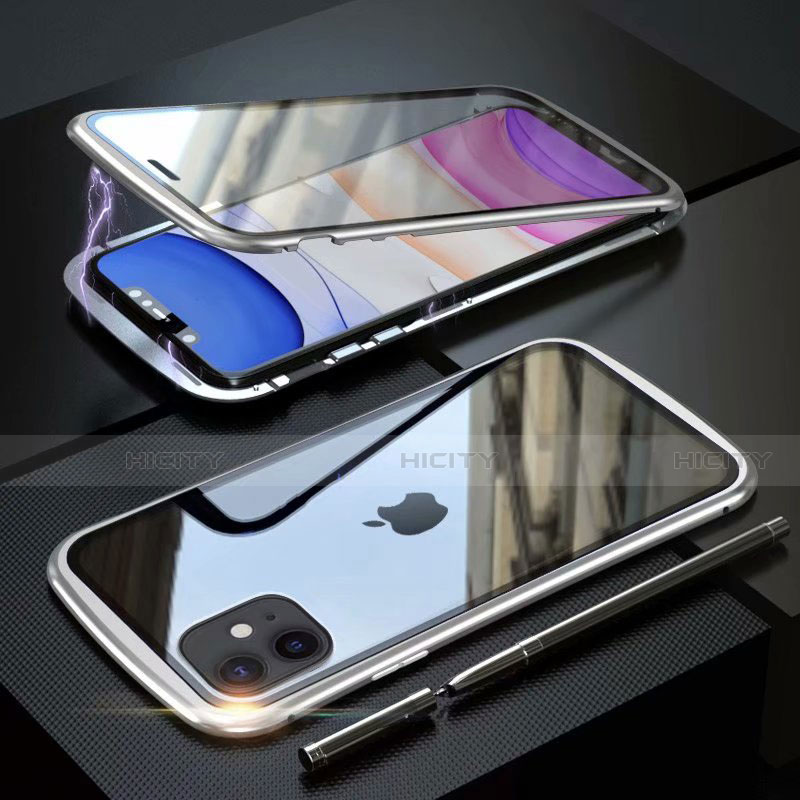 Coque Rebord Bumper Luxe Aluminum Metal Miroir 360 Degres Housse Etui Aimant M07 pour Apple iPhone 11 Argent Plus