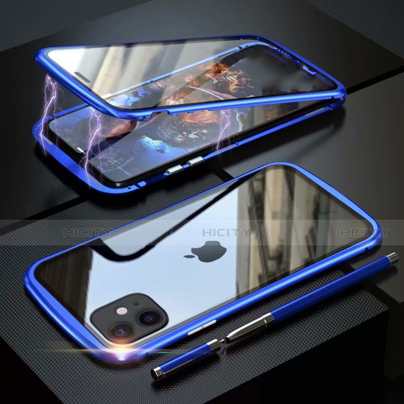 Coque Rebord Bumper Luxe Aluminum Metal Miroir 360 Degres Housse Etui Aimant M07 pour Apple iPhone 11 Bleu Plus