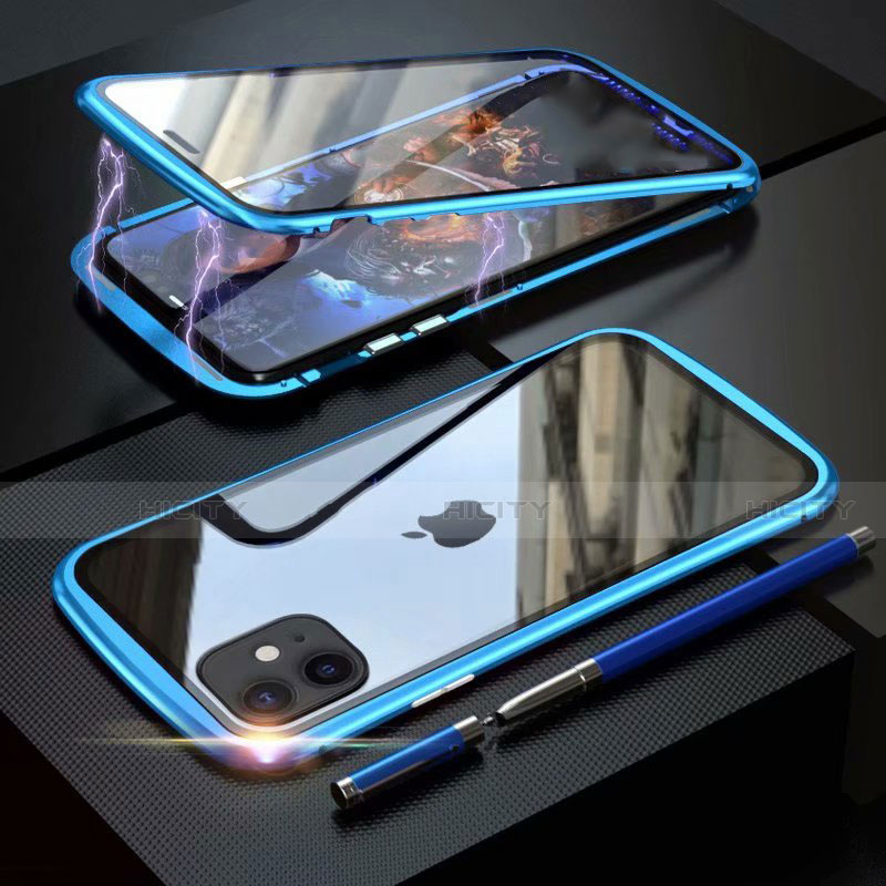 Coque Rebord Bumper Luxe Aluminum Metal Miroir 360 Degres Housse Etui Aimant M07 pour Apple iPhone 11 Bleu Ciel Plus