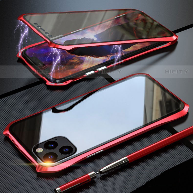 Coque Rebord Bumper Luxe Aluminum Metal Miroir 360 Degres Housse Etui Aimant M07 pour Apple iPhone 11 Pro Max Rouge Plus