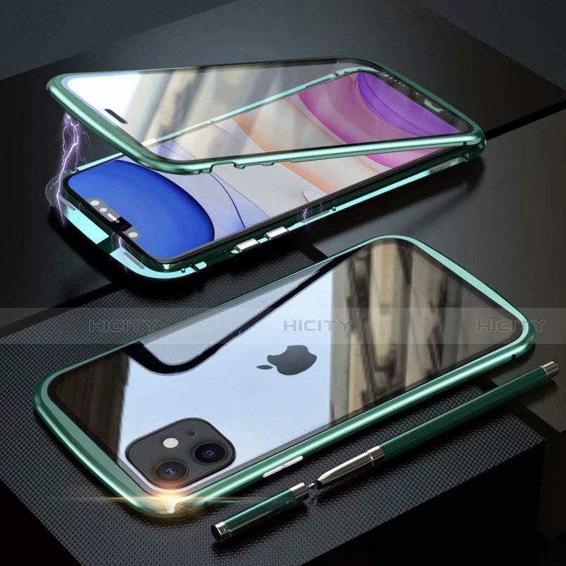 Coque Rebord Bumper Luxe Aluminum Metal Miroir 360 Degres Housse Etui Aimant M07 pour Apple iPhone 11 Vert Plus