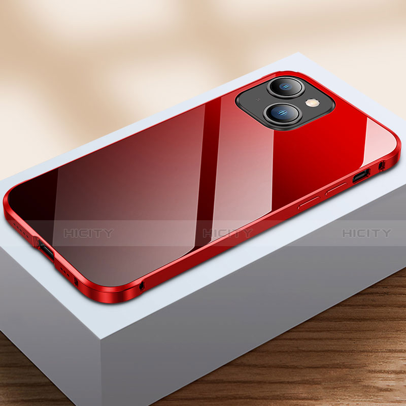 Coque Rebord Bumper Luxe Aluminum Metal Miroir 360 Degres Housse Etui Aimant M07 pour Apple iPhone 13 Mini Rouge et Noir Plus