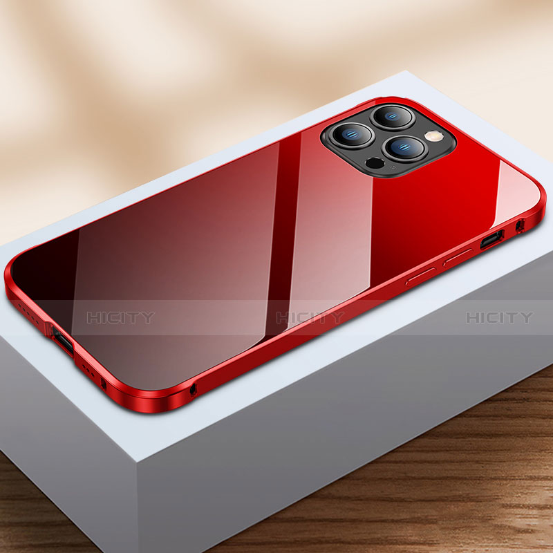 Coque Rebord Bumper Luxe Aluminum Metal Miroir 360 Degres Housse Etui Aimant M07 pour Apple iPhone 13 Pro Rouge et Noir Plus