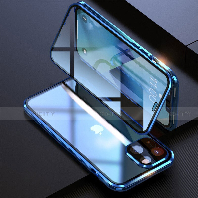 Coque Rebord Bumper Luxe Aluminum Metal Miroir 360 Degres Housse Etui Aimant M08 pour Apple iPhone 13 Mini Bleu Plus