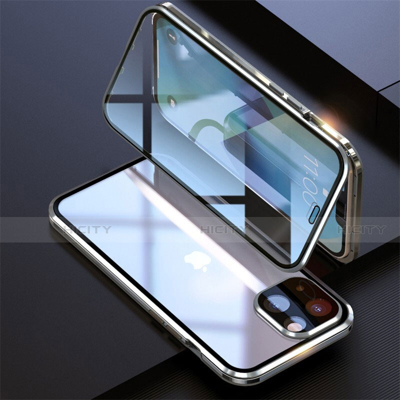 Coque Rebord Bumper Luxe Aluminum Metal Miroir 360 Degres Housse Etui Aimant M08 pour Apple iPhone 14 Argent Plus