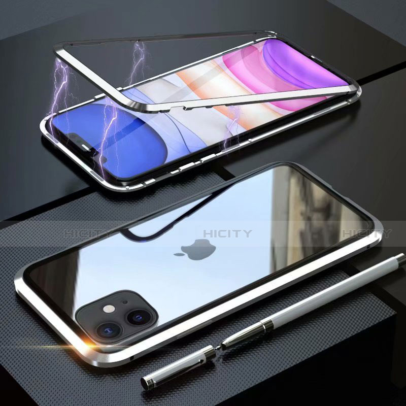 Coque Rebord Bumper Luxe Aluminum Metal Miroir 360 Degres Housse Etui Aimant M09 pour Apple iPhone 11 Argent Plus