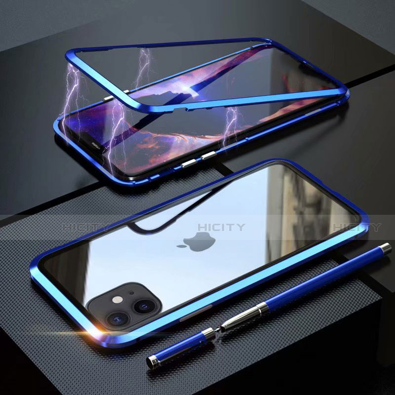 Coque Rebord Bumper Luxe Aluminum Metal Miroir 360 Degres Housse Etui Aimant M09 pour Apple iPhone 11 Bleu Plus